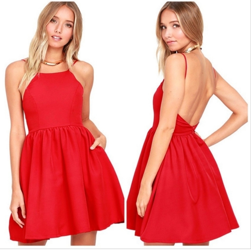 Lulus Womens Red High Neck Mini Skater Dress Size‎ Small